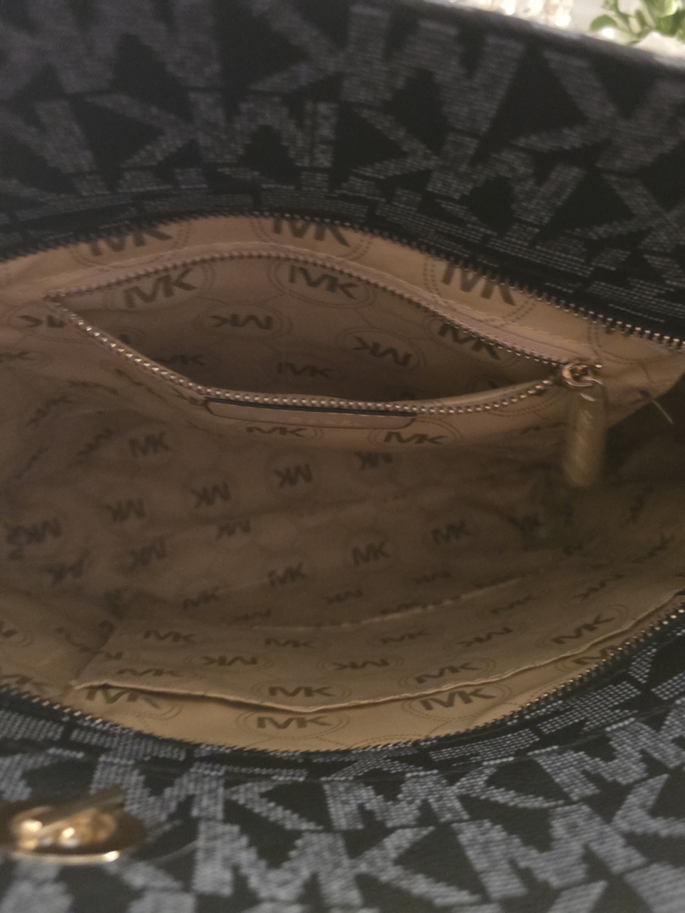 Michael Kors Black MK Logo Tote with Gold Hardware and Brown Handel  Straps - Picture 2 of 3